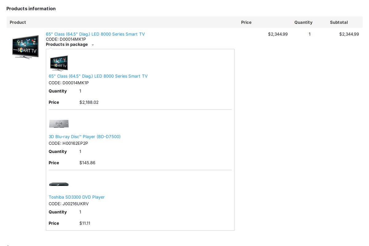 Order in the customer account: the TV with the items of its package.