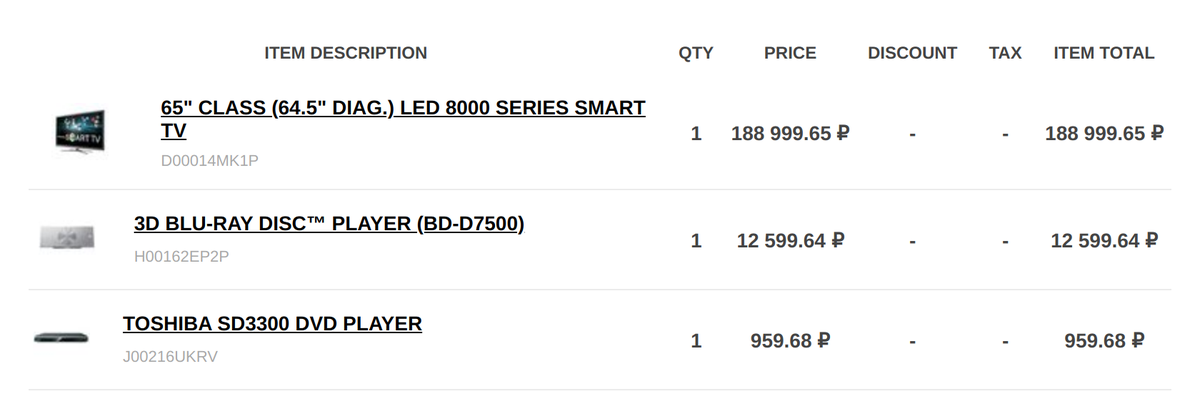 Package items in the invoice: the item price matches the item total.