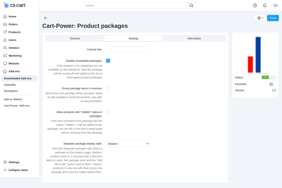 Add-on settings with tooltips.