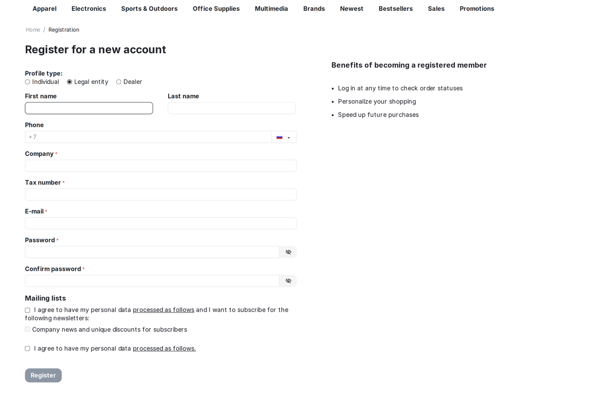 Registration: the "Legal entity" type is chosen, and the form shows the company and the tax ID instead of a date of birth.
