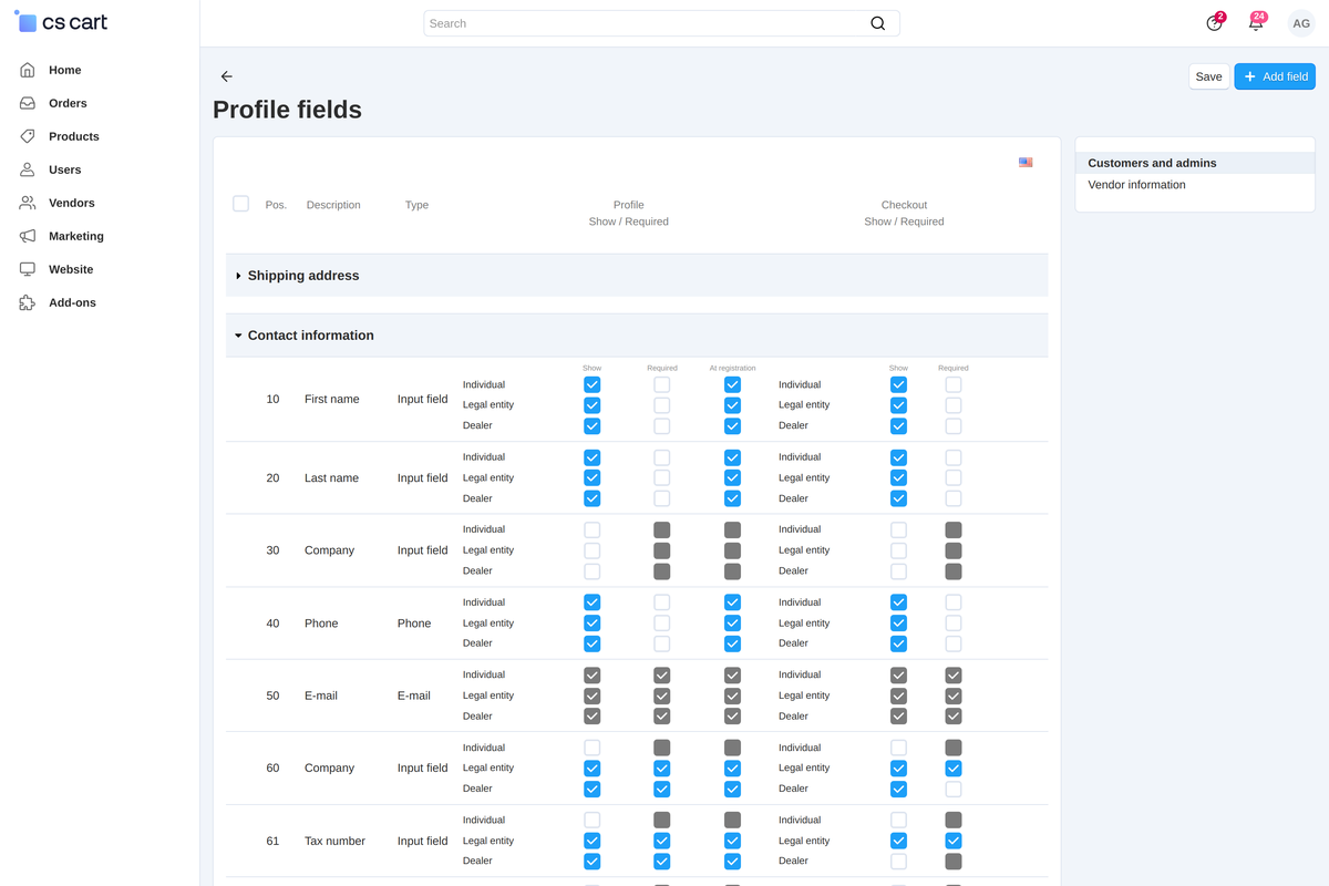 Profile fields: one list, and every field has checkboxes for the "Individual", "Legal entity" and "Dealer" types.