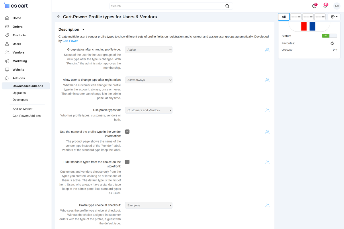 The add-on settings: the storefront icon next to a setting means it is set for every storefront separately.