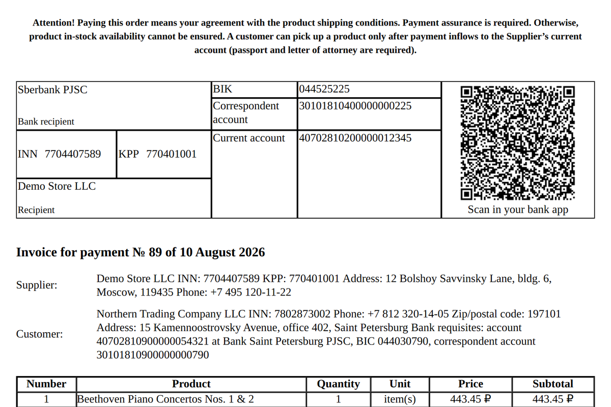 The whole invoice: bank details with the code, the products, the tax and the amount in words — the stock CS-Cart form with one added cell.