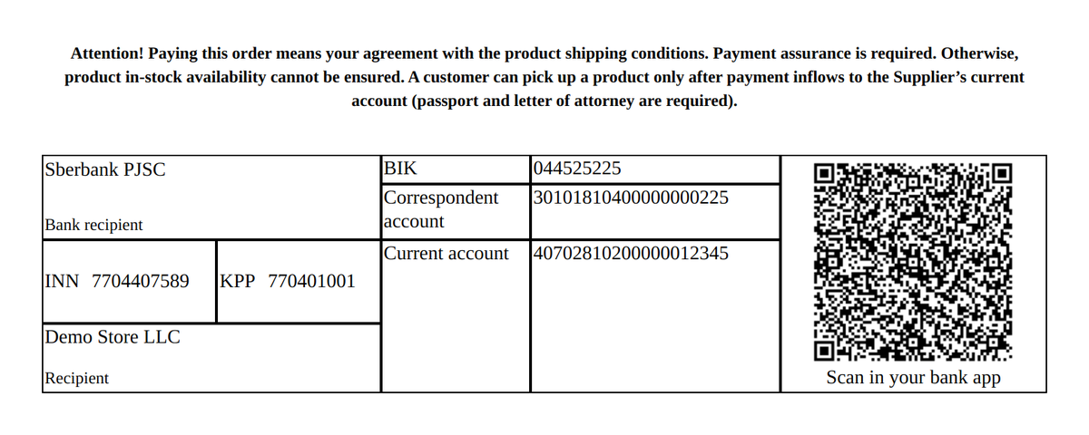 The code sits on the right of the bank details table, where the eye looks for it. The rest of the invoice stays stock.