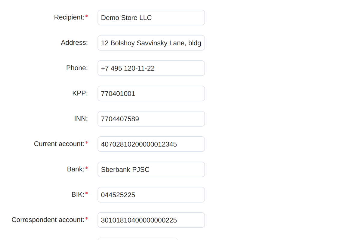 The required payee fields are starred — the add-on marks them itself.