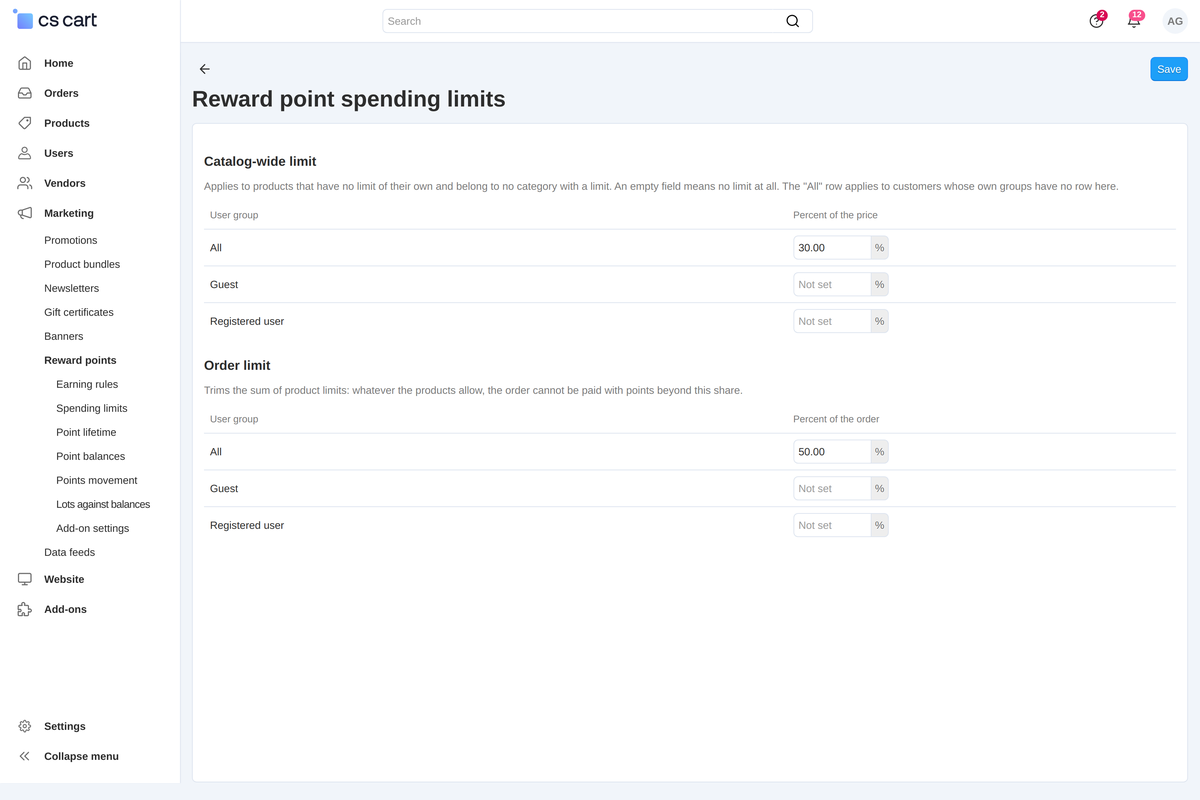 Spending limits: the catalog-wide percentage and the order-wide cap per user group. An empty field means no limit.