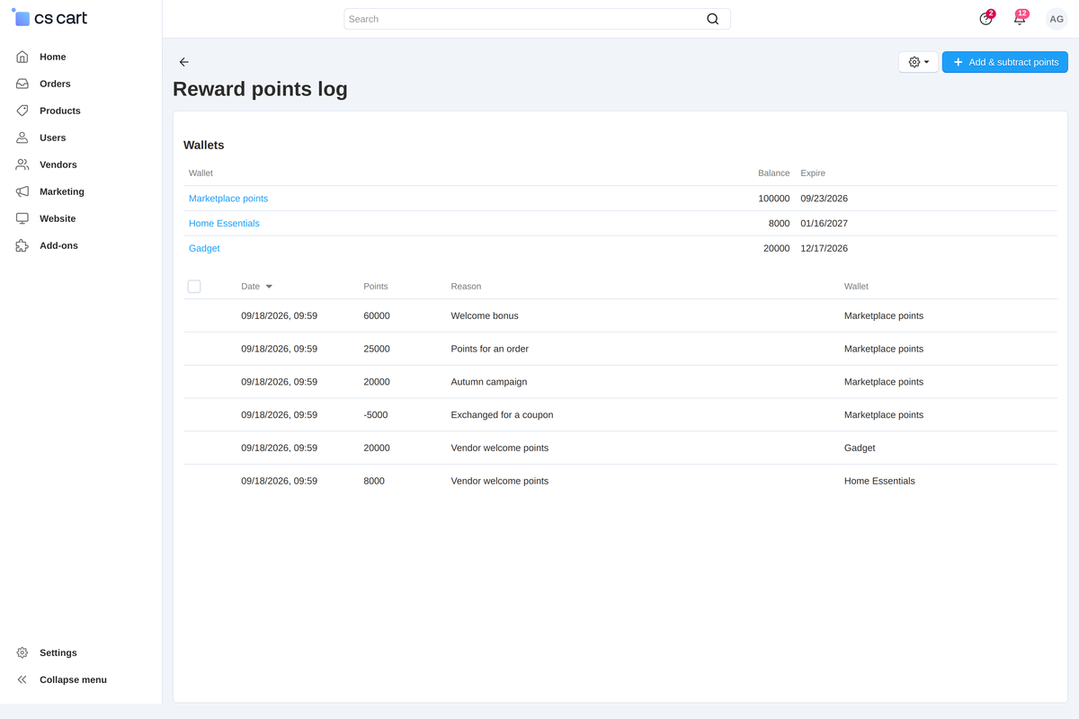 The customer's journal in the admin panel: wallets with balances on top, the wallet of every entry, a wallet filter and one form to credit or write off.
