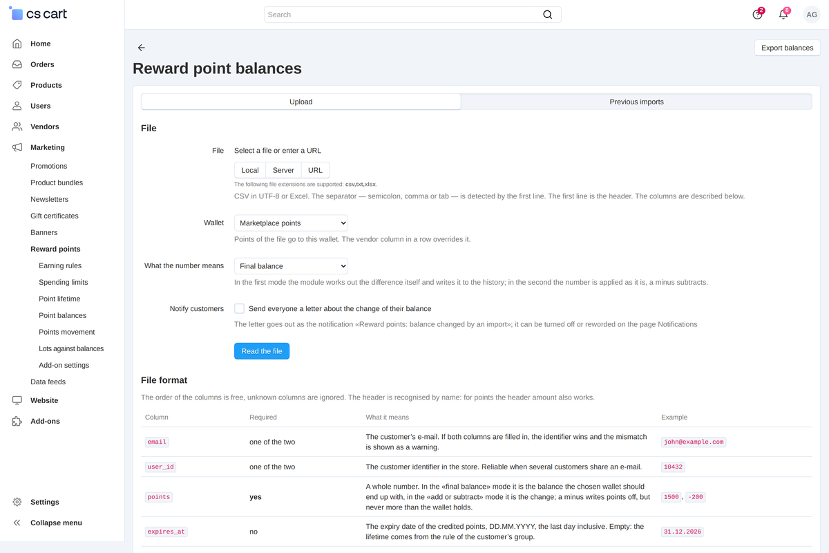 Balance import: file, wallet, mode, customer notification and the format table with required columns and an example.
