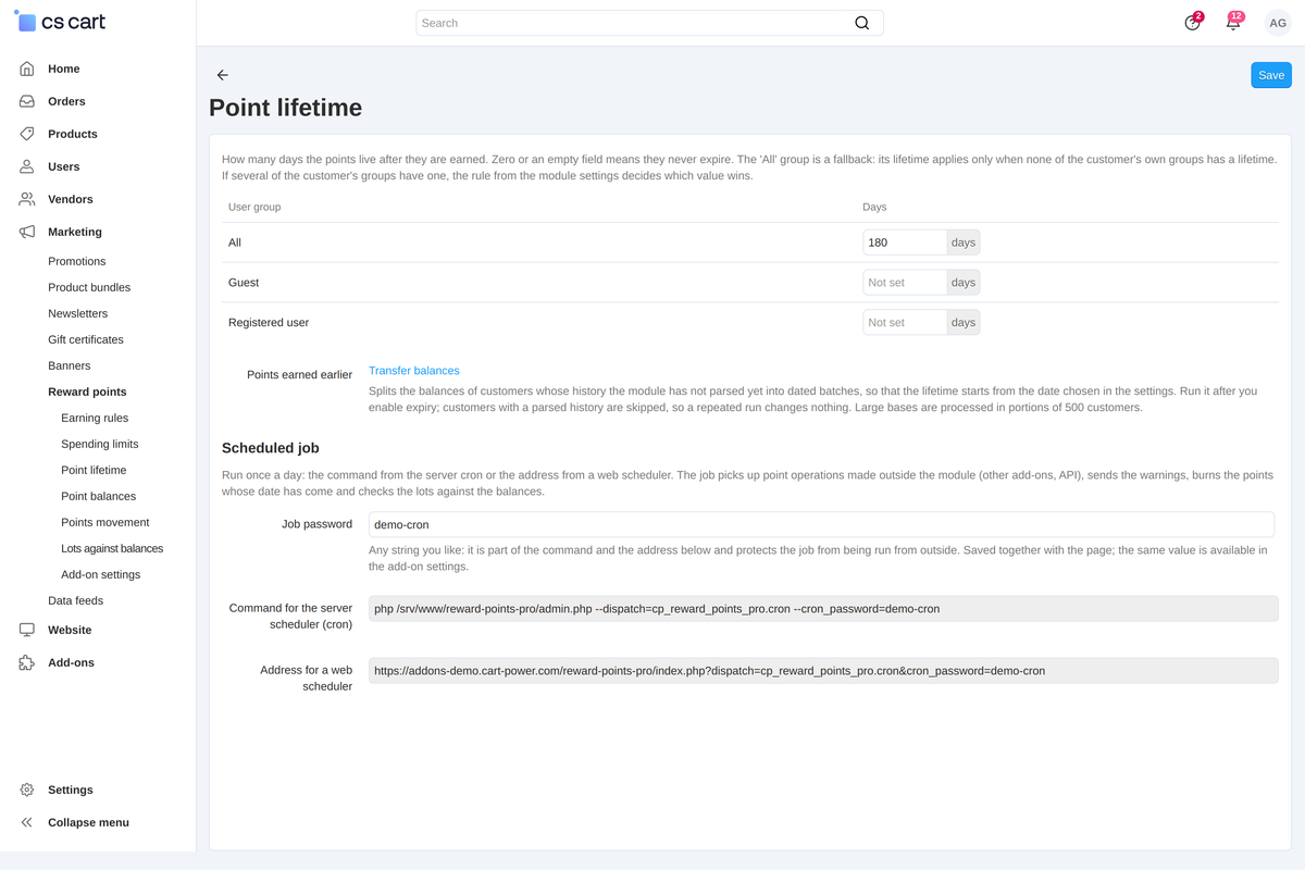 Point lifetime: lifetimes per group, transfer of accumulated balances and the scheduled job with a ready command and address.
