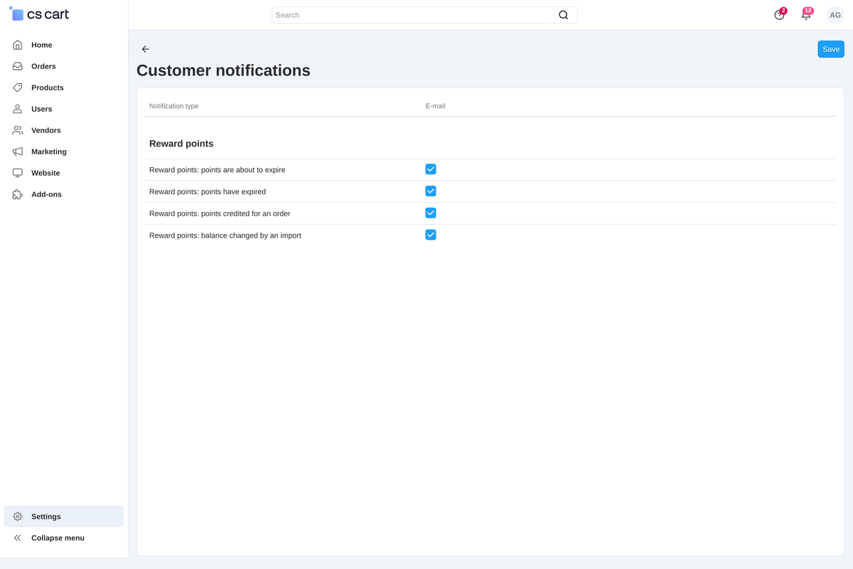 The "Notifications" section: four letters of the add-on - each is switched with a checkbox, the text is edited in the template editor.