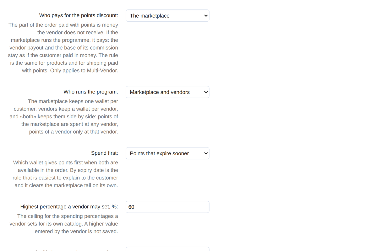The "Marketplace" settings: who pays for the points discount, who runs the program, the spending order between wallets and the percentage ceiling for vendors.