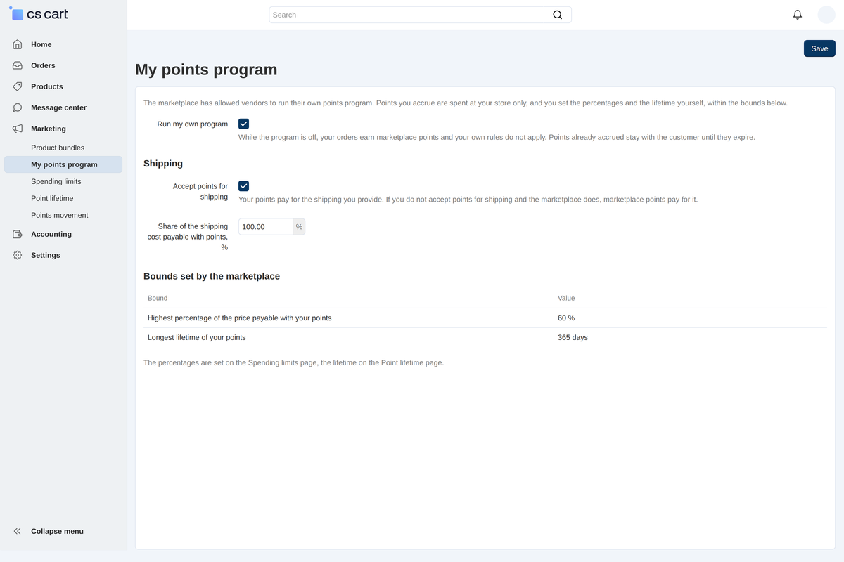 Vendor panel: an own program with a switch, shipping paid with points and the bounds set by the marketplace.