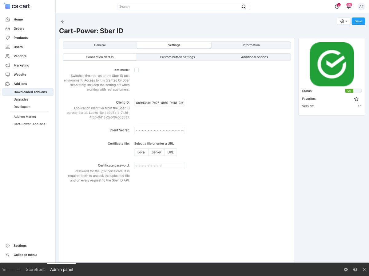 Add-on settings: Sber ID credentials, the look of the button and logging.