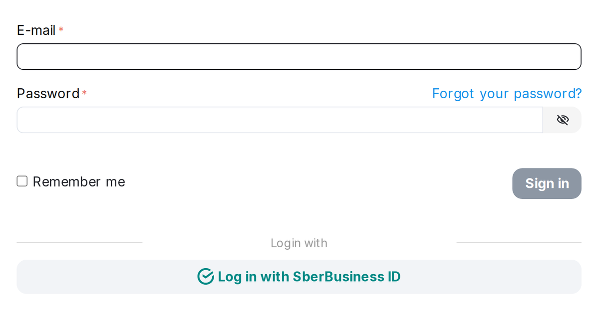 The “Sign in with SberBusiness ID” button on the store sign-in page.