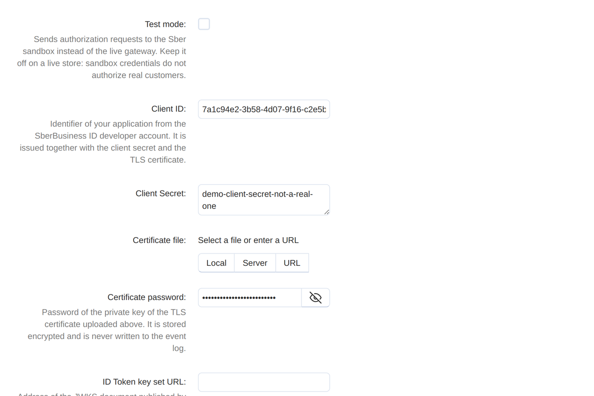 Connection settings: credentials, the certificate and the ID token check.
