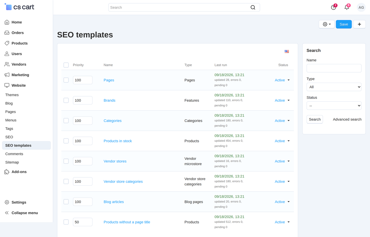 The template list: object type, priority, status and the last run of every template.