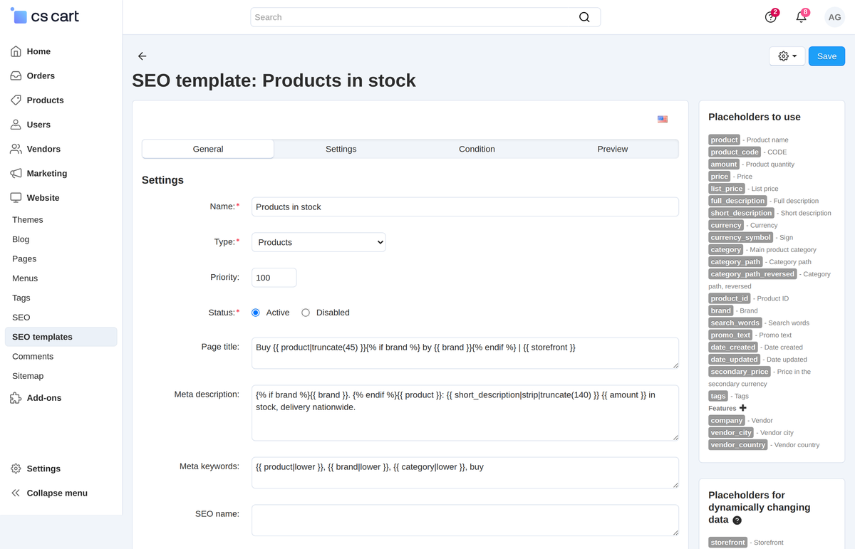 The product template page: fields with placeholders and the placeholder list next to the form; a click inserts the placeholder into the field.
