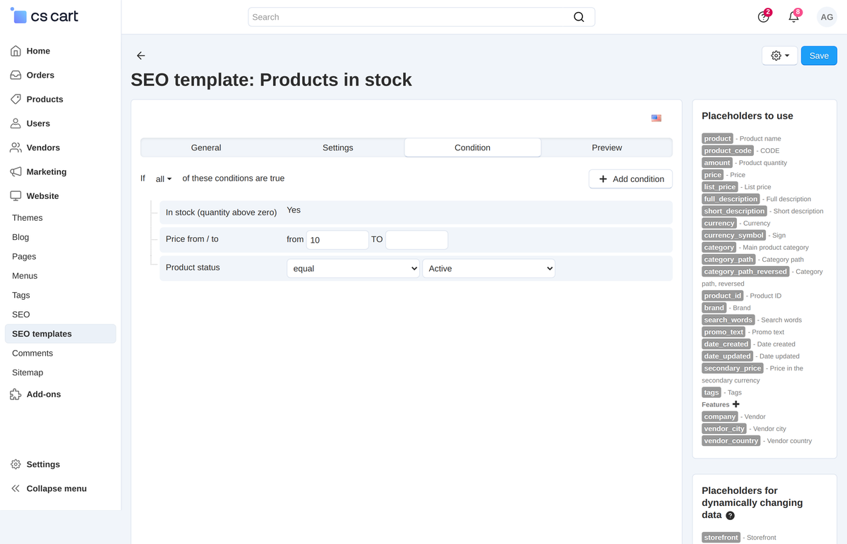 The "Condition" tab: in stock, price from 10 and the "Active" status - the template applies to such products only.