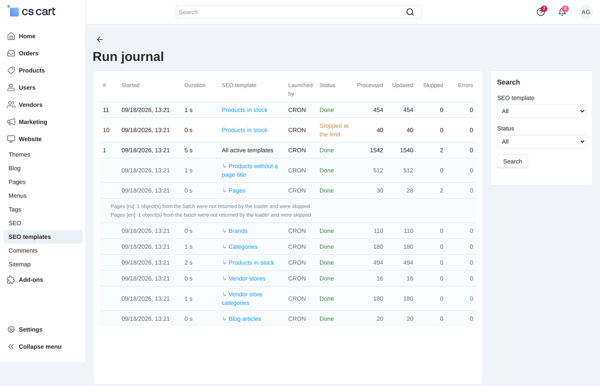 The run log: a run of all templates with a row per template, a run stopped by a limit and the counters of each.