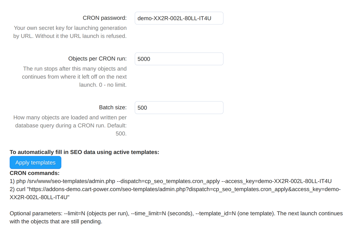 The CRON tab of the settings: the ready command with the key and the limit parameters.