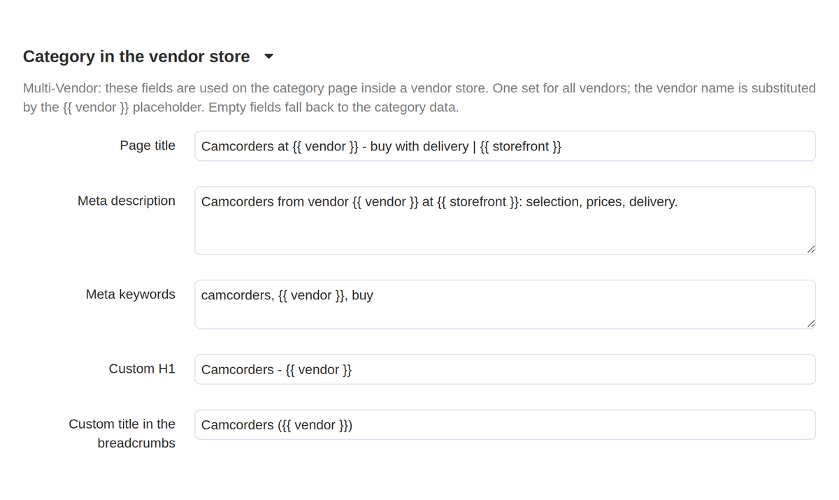 The "Category in the vendor store" section on the category page: title, description, keywords, H1 and breadcrumb with {{ vendor }}.