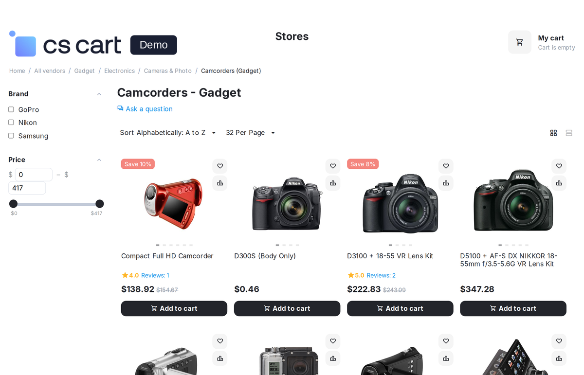 A category in a vendor store on the storefront: the "Camcorders (Gadget)" breadcrumb and the "Camcorders - Gadget" H1 with the vendor name.