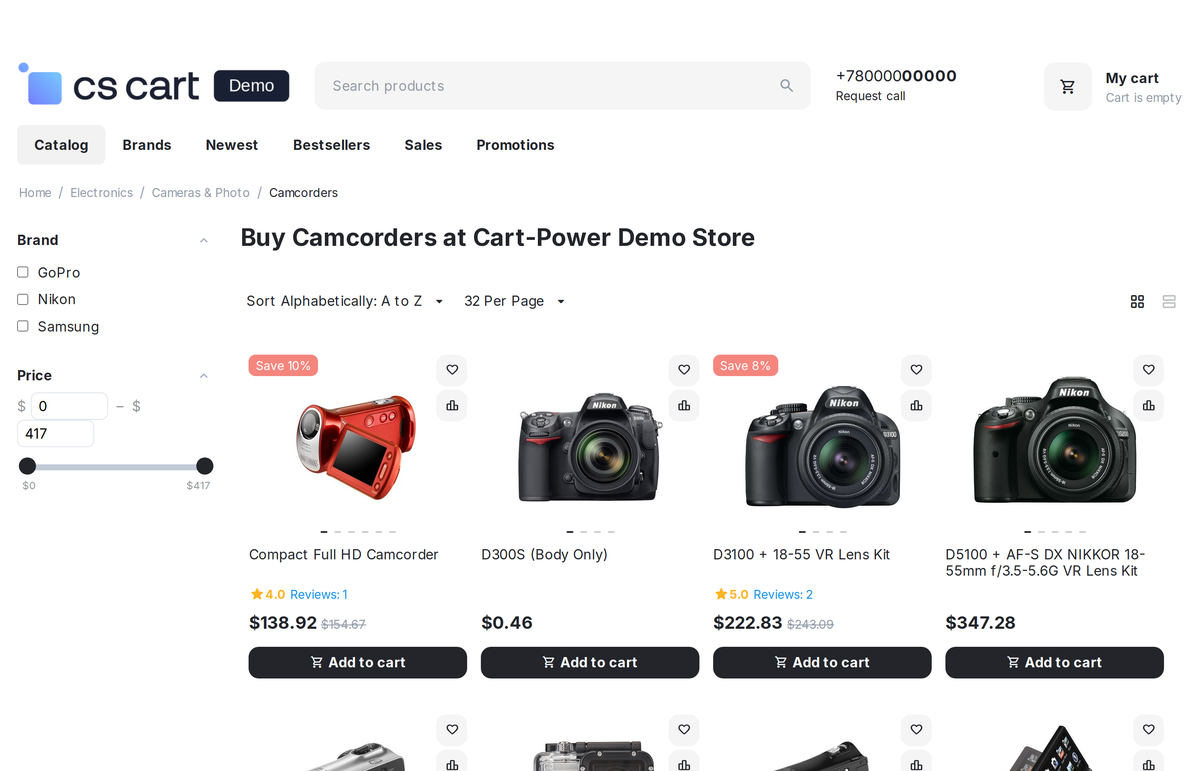 A category page: the H1 "Buy Camcorders at Cart-Power Demo Store" is built by the template from the category name and the storefront name.