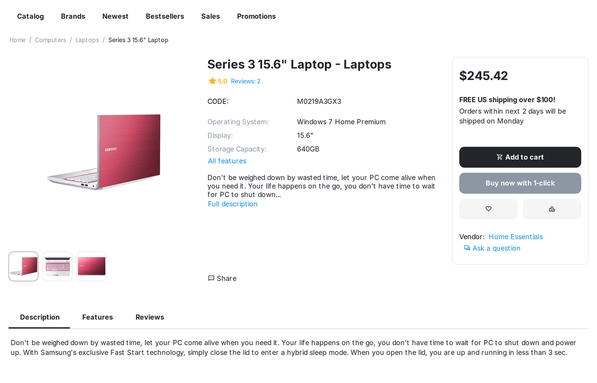 A product page: the "name - category" H1 from the template and a shortened breadcrumb title; the product name does not change.