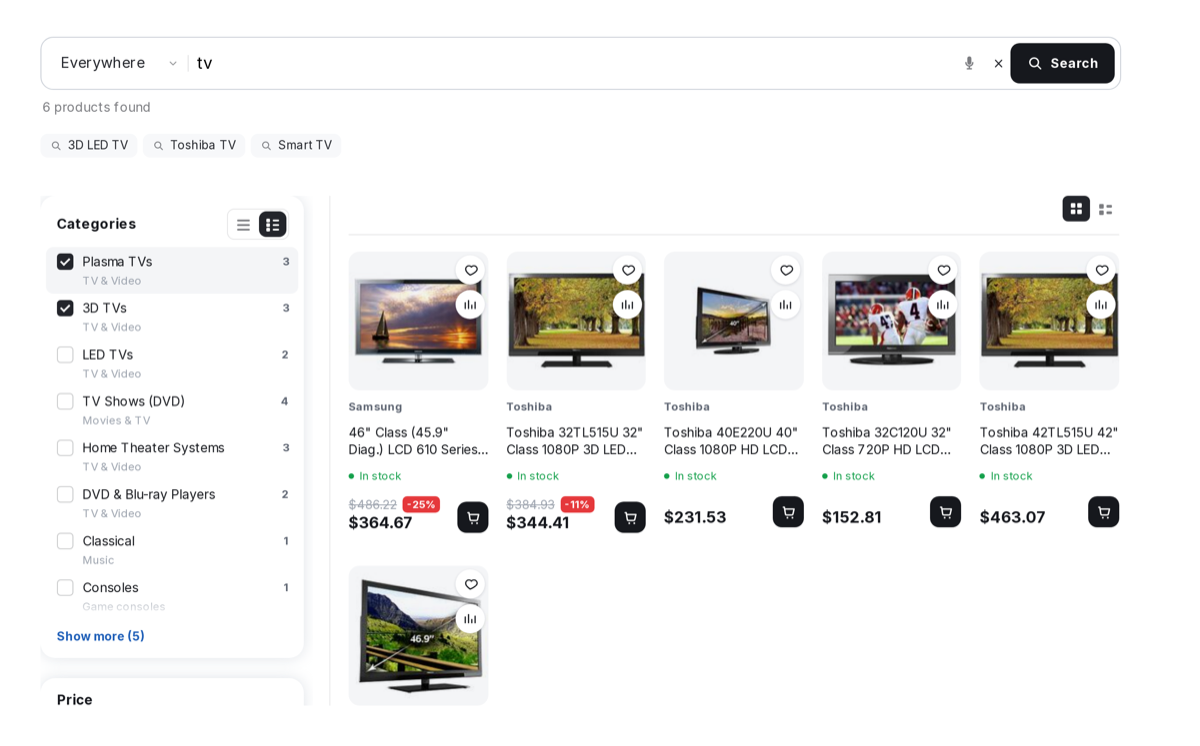 The category filter: ticked categories narrow the results without closing the window.