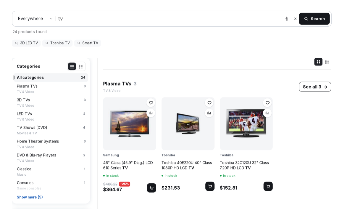 The category panel: each category shows its number of hits, products are split into groups.