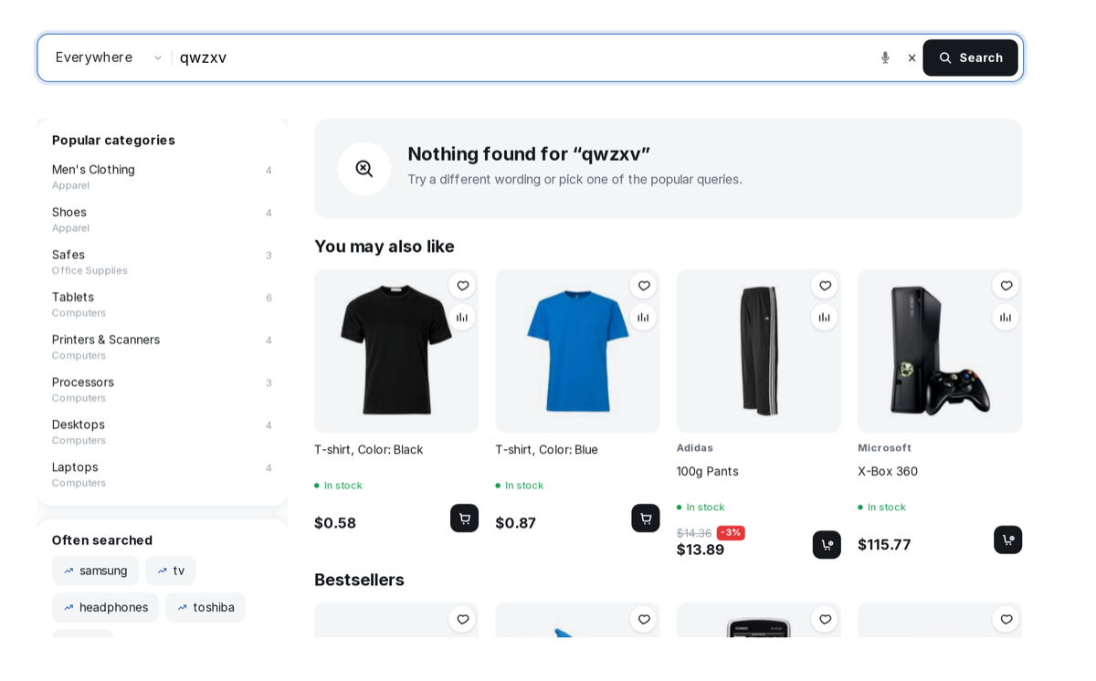 Nothing found — the customer sees popular queries and categories rather than an empty window.