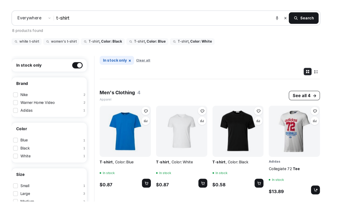 Filters inside the window: price and brand under the category list, results narrow without leaving it.
