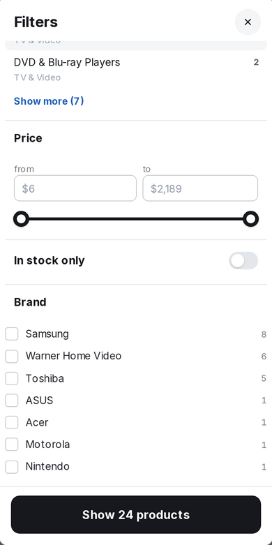 Phone: the filters collapse into buttons above the results; "Categories" is tapped — the list opens, price and brand stay collapsed.