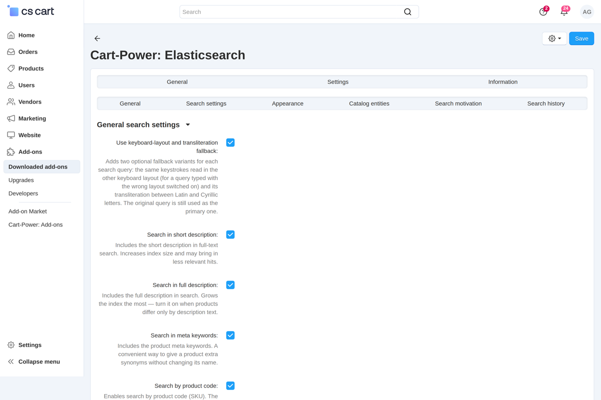 Search settings: keyboard layout and transliteration in one switch, search in descriptions and meta keywords.