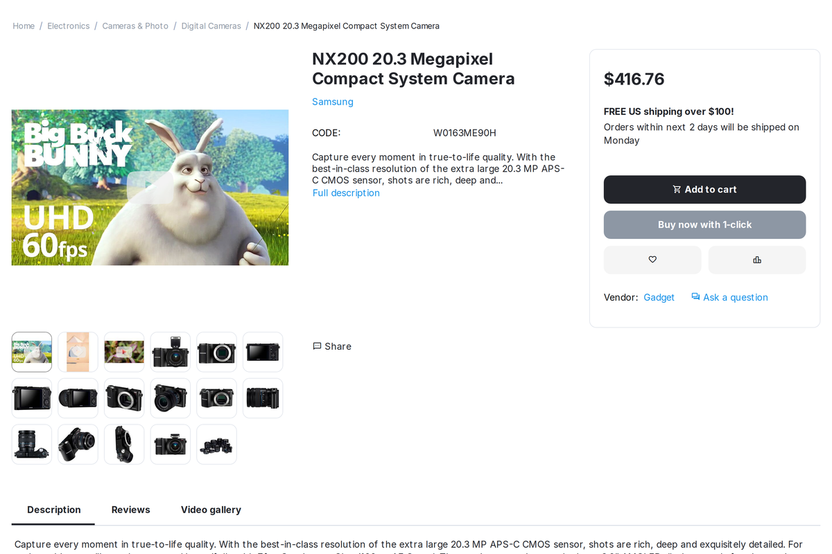 Product page: the first image is a YouTube video, the thumbnails include a Shorts video and an uploaded file.