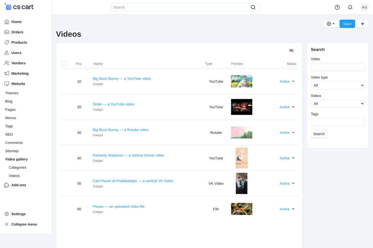 The video list in the admin panel: video type, preview and status.