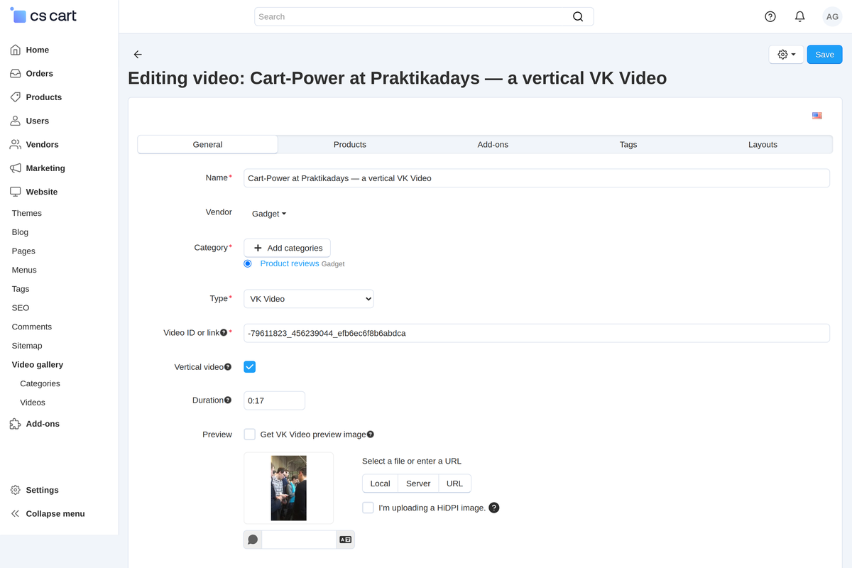 A VK Video form: the link, the "Vertical video" check box, the duration and the preview received from VK.