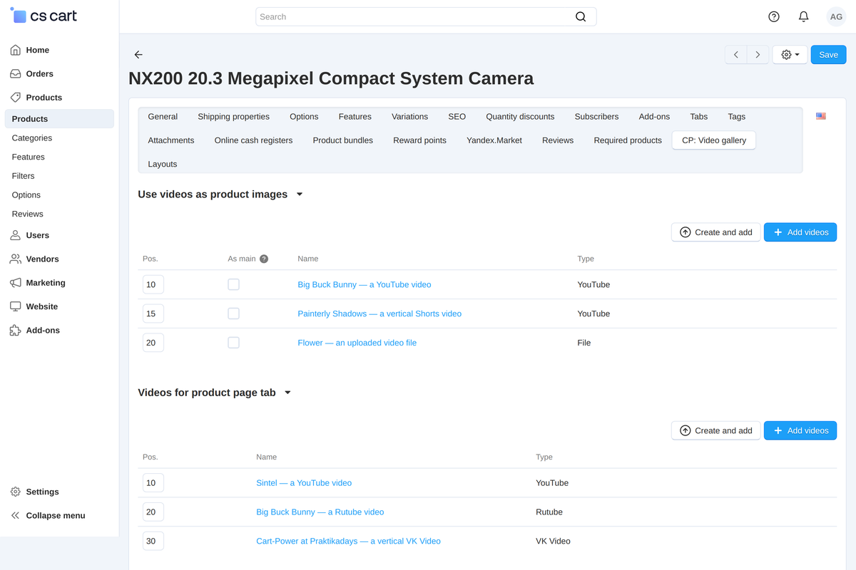 The "CP: Video gallery" product tab: videos among images and videos for the tab.