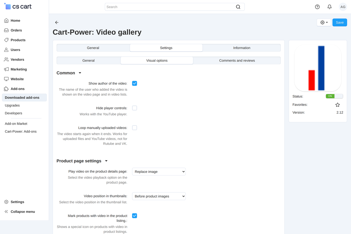 Add-on settings, the "Visual options" section: the playback mode and the position among thumbnails.