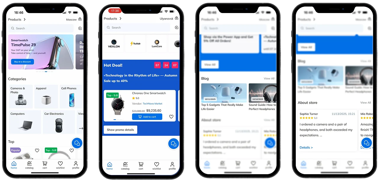 Home screen: banners with a sale countdown, categories, blog and store reviews