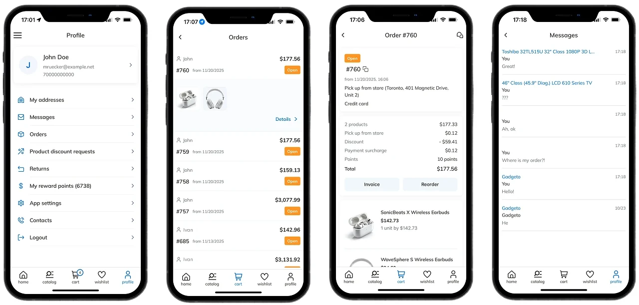 Customer account: orders, returns, points, messages and one-tap reorder