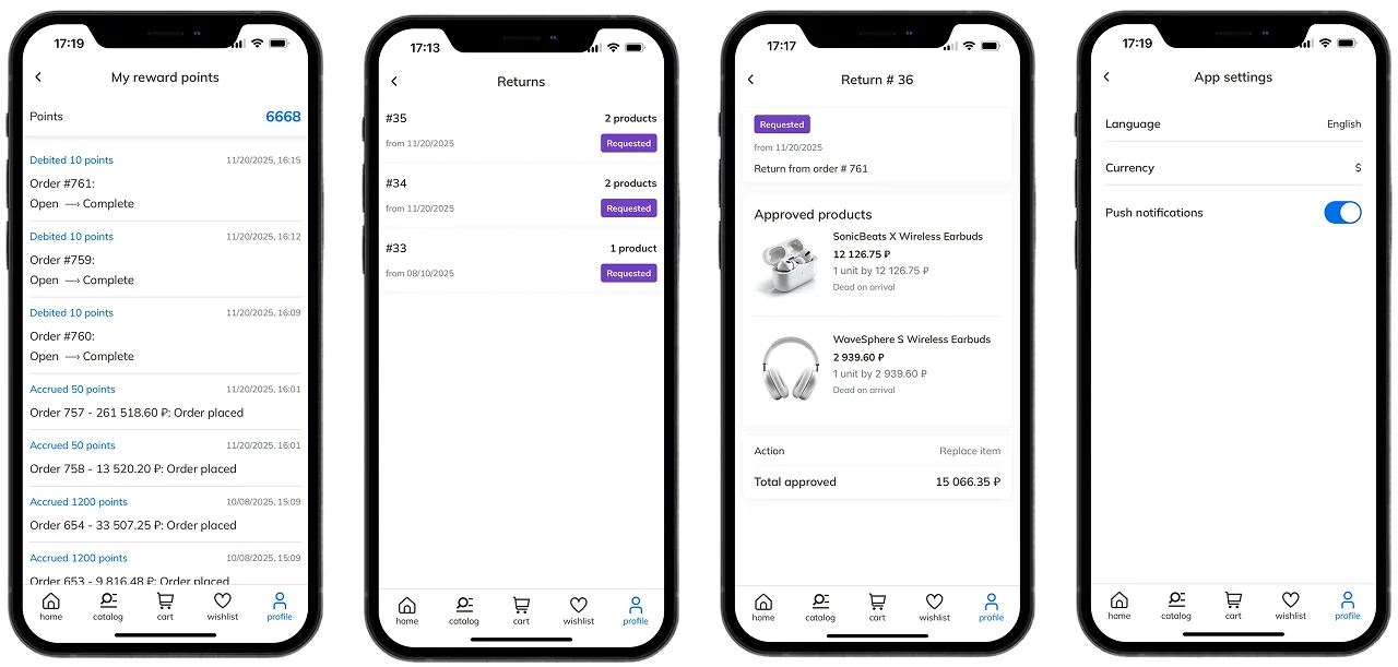 Points history, returns and settings: language, currency, push