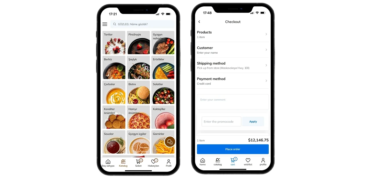 Food delivery: category catalogue and guest checkout with several vendors