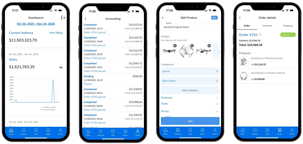 The Vendor tab: balance and sales, transactions, product editing and orders