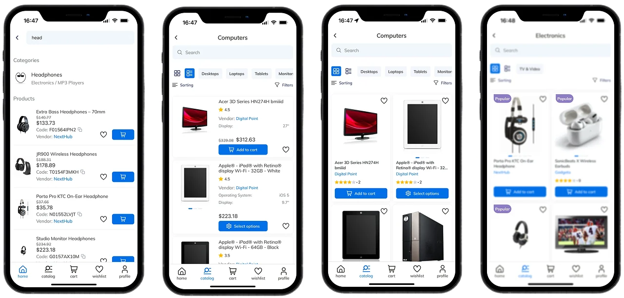 Search suggestions, catalogue as a list and a grid, option picker right in the list