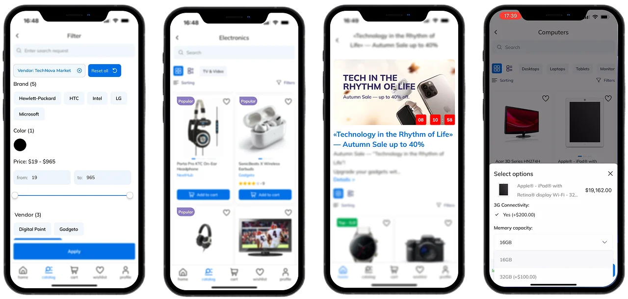 Filters by brand, vendor and price, labelled collections and a sale page with a countdown