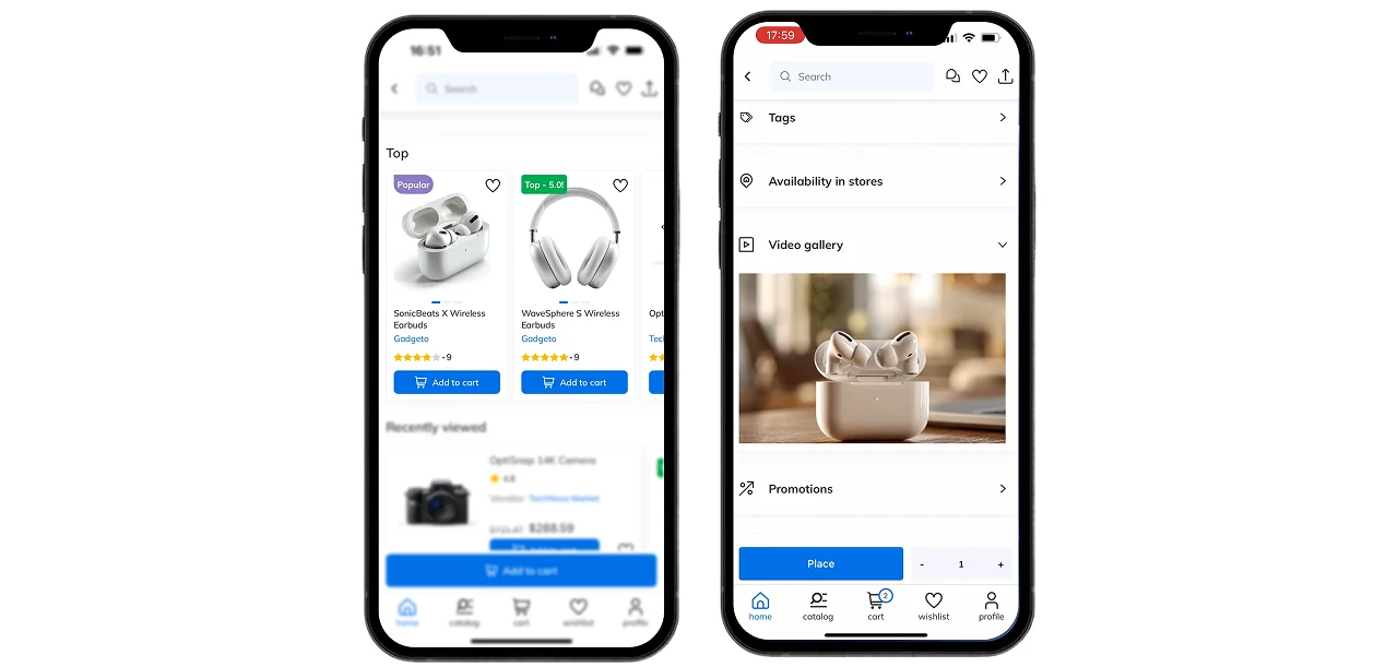 Availability by warehouse, video gallery and the «Bought together» block