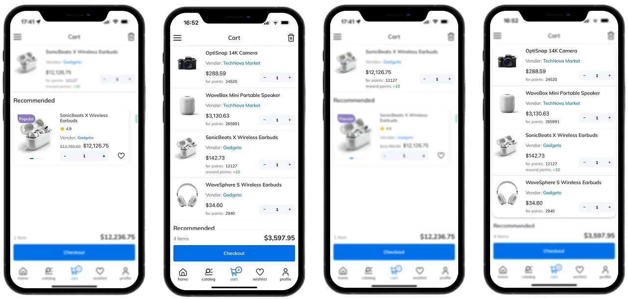 Cart: points earned on each product, a «Recommended» block and the total