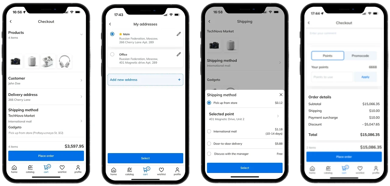 One-screen checkout: saved addresses, shipping choice and a total breakdown